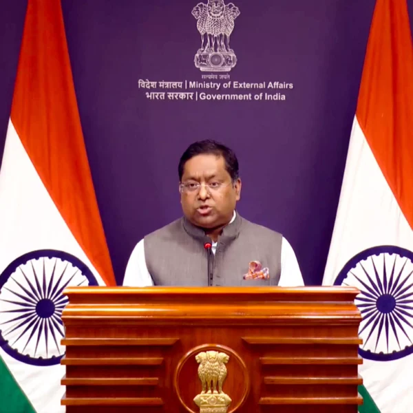 Ministry of External Affairs official spokesperson Randhir Jaiswal addresses a press conference, in New Delhi. (@MEAIndia via PTI Photo)