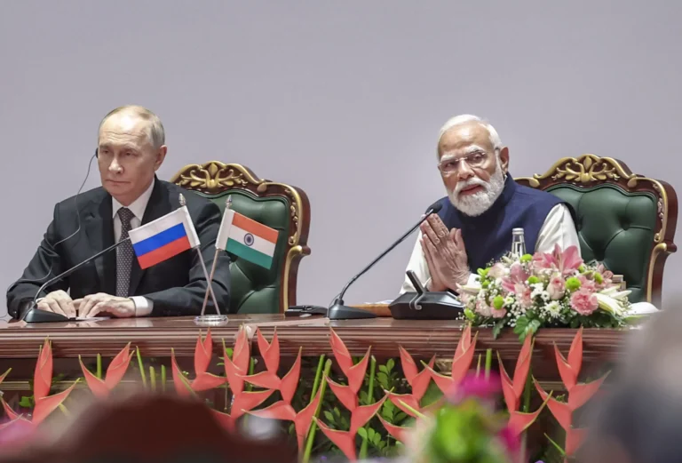 Prime Minister Narendra Modi and Russian President Vladimir Putin during the India-Russia Business Forum, in New Delhi. (narendramodi.in via PTI Photo)
