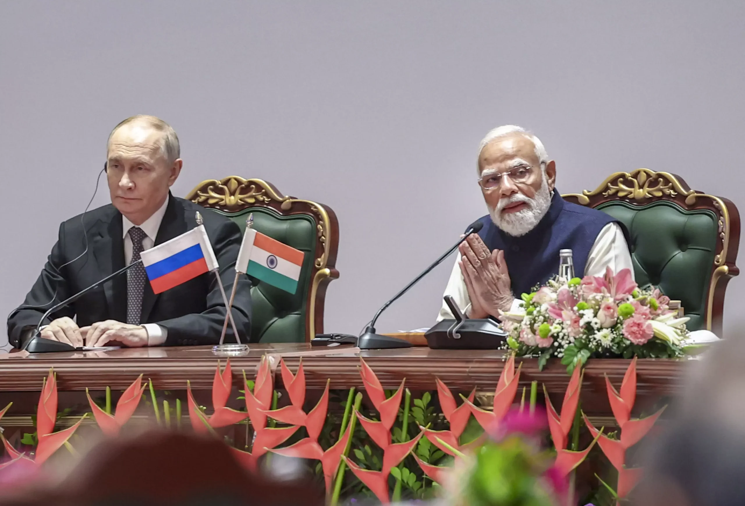Prime Minister Narendra Modi and Russian President Vladimir Putin during the India-Russia Business Forum, in New Delhi. (narendramodi.in via PTI Photo)